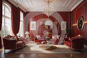 Classic red living room interior with furniture, armchairs and mirror. generative ai