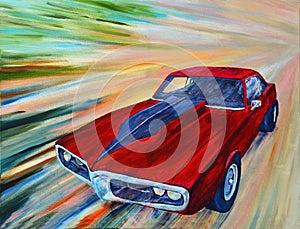 Classic Red Pontiac Firebird American muscle car with abstract speed affect background