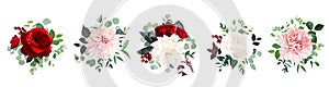 Classic red rose flowers, white ivory dahlia, carnation vector design wedding bouquets