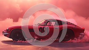 Classic red sports car with the racing number 091 surrounded by swirling smoke