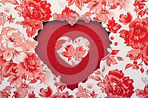 A classic red Valentine's card, decorated with a vintage floral pattern. a heart-shaped window in the center,