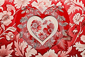 A classic red Valentine's card, decorated with a vintage floral pattern. a heart-shaped window in the center,