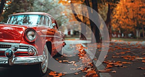 A classic red vintage car parked on a leaf-strewn street during autumn