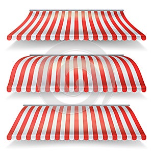 Classic Red And White Awning Vector Set. Realistic Store Awning Isolated On White Background Illustration photo