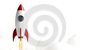 Classic Red and White Rocket Blasting Off with Flames and Smoke