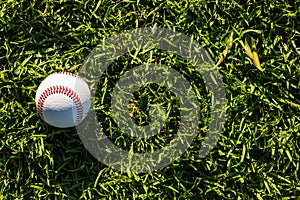 A classic regulation baseballs resting on the grass with room for copy