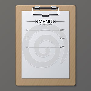 Classic restaurant menu on paper sheet in clipboard. Vector template