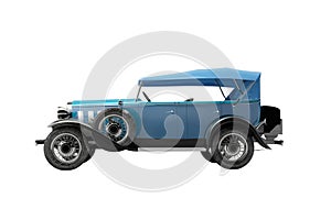 Classic retro car blue isolated side view 3D rendering on white background no shadow