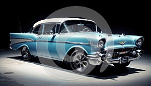 Classic retro car, blue old style vintage design