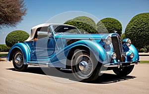 Classic retro car, blue old style vintage design