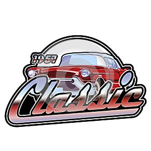 Classic retro car logo illustration, vector text. Print for t-shirt, sticker. Isolated on white background