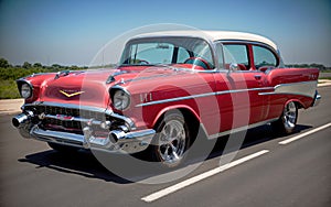 Classic retro car, red old style vintage design