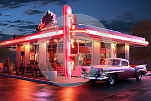 classic retro diner exterior with neon sign