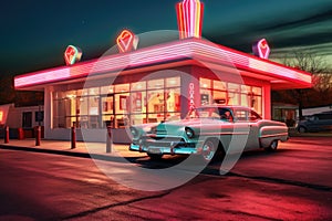 classic retro diner exterior with neon sign