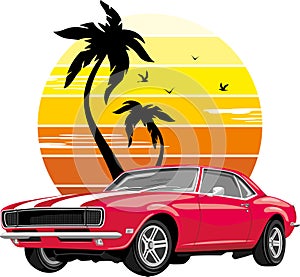 Classic retro red car on the background of sunset. Sticker