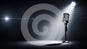 Vintage Microphone Under Spotlight on Brick Wall Stage