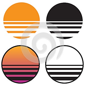 Classic Retro Sun Sunset isolated vector illustration in solid color, gradient color, and black and white versions