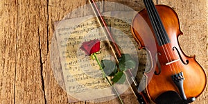 Classic retro violin music string instrumt on old music note sheet paper with red rose flower old oak wood wooden panorama copy