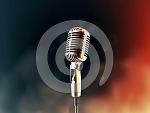 Classic retro voice microphone on dark stage background isolated.