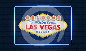 Classic retro Welcome to Las Vegas sign. Neon squared frame. Brick wall background. Simple modern flat vector style illustration