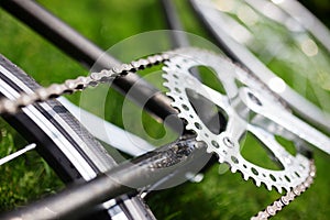 Classic road bicycle close-up photo in the summer green grass meadow field. Travel background