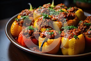 Classic roasted stuffed peppers in a pan