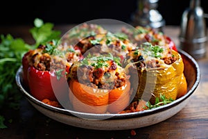 Classic roasted stuffed peppers in a pan