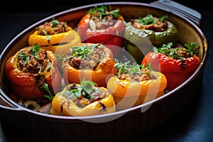 Classic roasted stuffed peppers in a pan