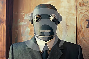 Classic robot with a humanoid face wearing a suit and tie, representing a futuristic business concept photo