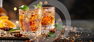 Classic on-the-rocks whiskey, crystal clarity with a star anise garnish.