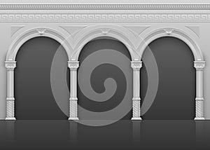 Classic roman antique interior with stone arches and columns vector illustration