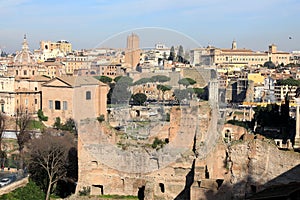 Classic Rome - aerial view to old roof buildings and street