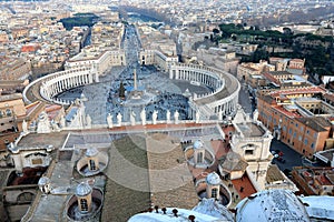 Classic Rome - aerial view to old roof buildings and street, View of St. Peter`s Square in Vatican and Rome street