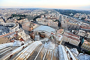 Classic Rome - aerial view to old roof buildings and street, View of  Vatican and Rome street