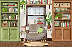 Classic room interior with bookcases and an armchair. Cartoon vector illustration photo