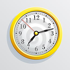 Classic round wall clock with arrows. Yellow body. Vector .