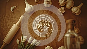 Wooden kitchen setup with vintage cooking elements and ingredients