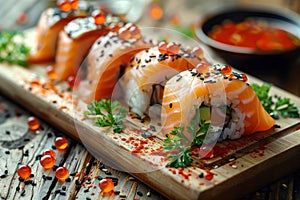 Classic Salmon Sushi Rolls with a Modern Twist of Roe Exquisite Dining Choice