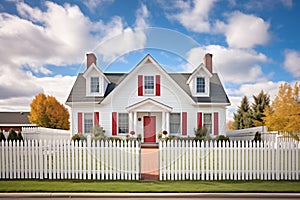 classic saltbox home with red central chimneys and a white picket fence