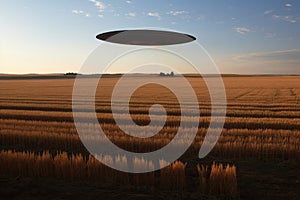a classic saucer-shaped ufo casting shadow over a wheat field