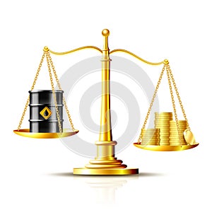 Classic scales with an oil barrel and gold coins, on white background