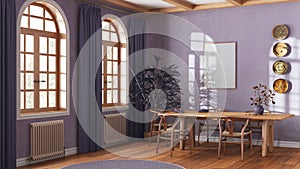 Classic scandinavian dining room in purple and beige tones. Wooden table with chairs, parquet and frame mockup. Japandi interior