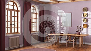 Classic scandinavian dining room in red and beige tones. Wooden table with chairs, parquet and frame mockup. Japandi interior