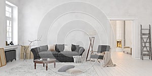 Classic scandinavian white interior with fireplace, sofa, table, lounge chair, floor lamp.