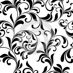 Classic seamless pattern. Tracery of swirls and leaves on a whi