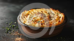 Classic shepherds pie with chive garnish in a ceramic dish