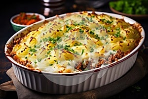 Classic shepherds pie. Delicious savory dish with minced meat and mashed potatoes