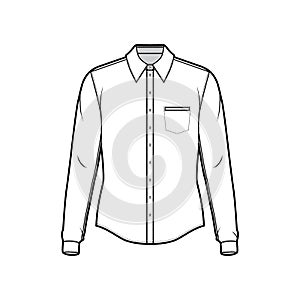 Classic shirt technical fashion illustration with long sleeves with cuff, front button-fastening, collar, back yokes