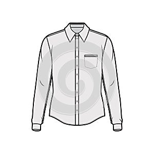 Classic shirt technical fashion illustration with long sleeves with cuff, front button-fastening, collar, back yokes