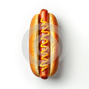 Classic simple hot dog with mustard, isolated on white background. Top view. Traditional American street food. Generative AI